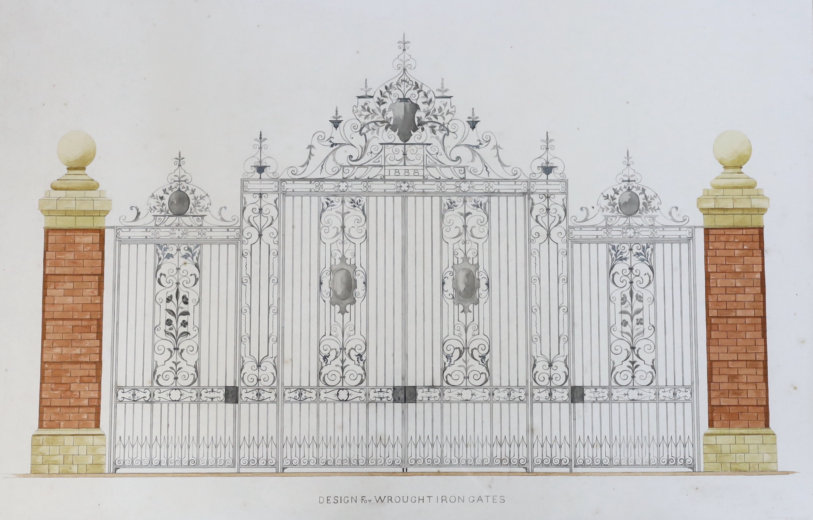 Late 19th century watercolour, architectural student’s design for a pair of wrought iron gates, 86 x 56cm